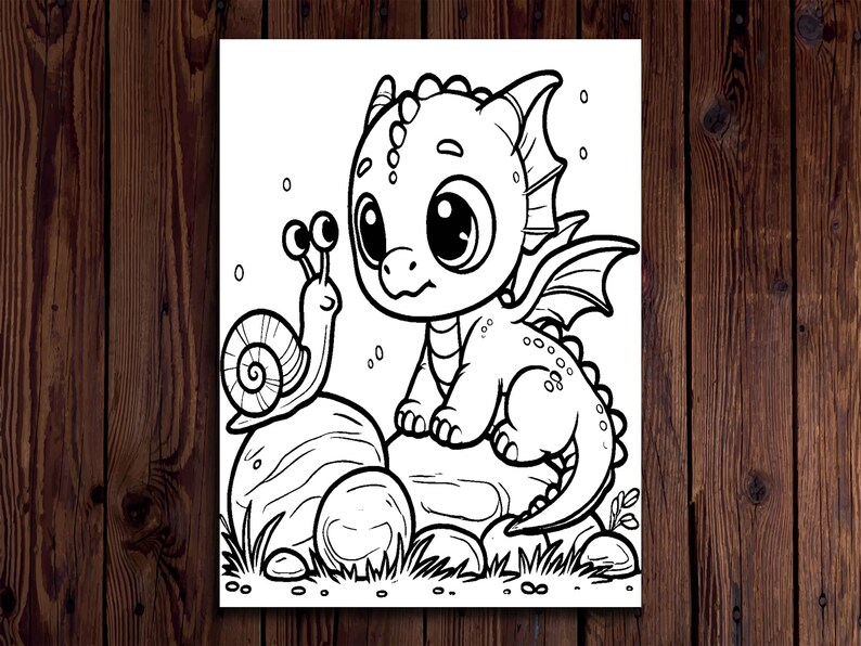 May include: Black and white illustration of a cartoon dragon and snail. The dragon has large eyes, wings, and sits on a rock. The snail is on a rock, and the scene includes grass and small bubbles.