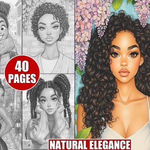 Natural Elegance - 40 Grayscale Coloring Pages of Stunning Black Girls for Adults, Celebrating Beauty, Natural Hair, and Cultural Diversity