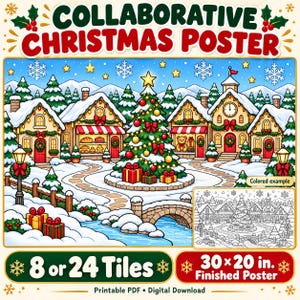 Op de afbeelding: Een collaboratieve kerstposter met een besneeuwd dorpsgezicht, een versierde boom, huizen, een stenen brug en cadeaus. De tekst luidt COLLABORATIVE CHRISTMAS POSTER, 8 or 24 Tiles en 30 x 20 in. Finished Poster.
