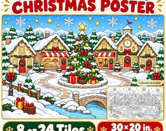 Christmas Village Collaborative Coloring Poster, 8 or 24 Tiles, Printable Group Activity PDF