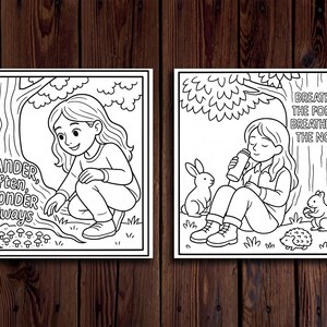 May include: Two black and white illustrations of a girl in nature. One shows her near a tree with the text "Wander often, Wonder always." The other shows her drinking with the text "Breathe in the forest, breathe out the noise."