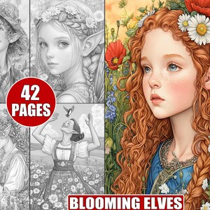 42 páginas para colorear de elfos florecientes en escala de grises para adultos. Elfos caprichosos y arte floral fantástico. Libro para colorear del Bosque Encantado.