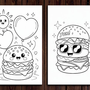 Pu&ograve; includere: Due pagine da colorare in bianco e nero con simpatici personaggi dei cartoni animati. La prima pagina mostra un hamburger con cuori e un sole. La seconda pagina mostra un hamburger con occhiali da sole e che fa il pollice in su. Il testo "Yum!" &egrave; sull'hamburger.