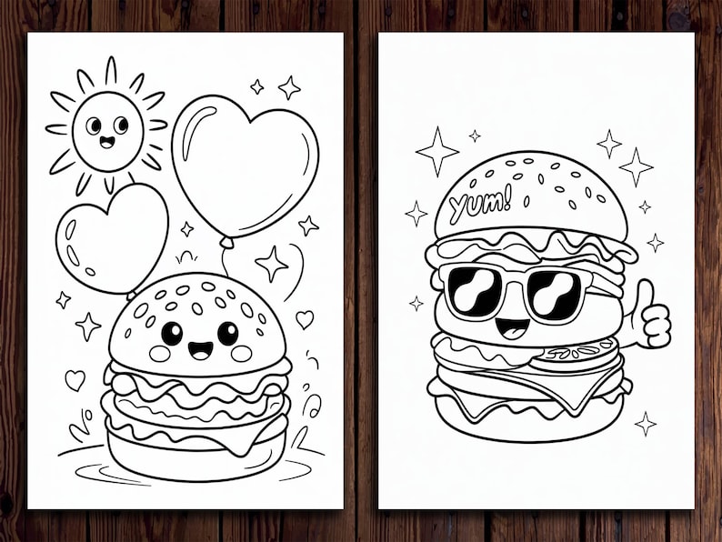 Pu&ograve; includere: Due pagine da colorare in bianco e nero con simpatici personaggi dei cartoni animati. La prima pagina mostra un hamburger con cuori e un sole. La seconda pagina mostra un hamburger con occhiali da sole e che fa il pollice in su. Il testo "Yum!" &egrave; sull'hamburger.