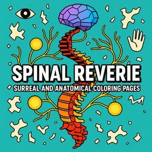 May include: A teal illustration features a stylized spine with a purple brain and a red and orange spinal column. The text "SPINAL REVERIE" is above the text "SURREAL AND ANATOMICAL COLORING PAGES". The image includes a hand, an eye, and other anatomical elements.