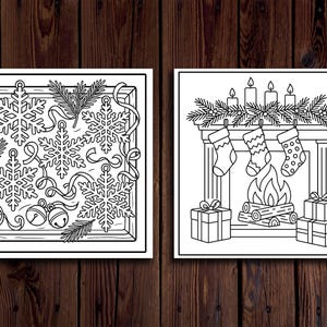 Puede incluir: Dos p&aacute;ginas para colorear con tem&aacute;tica navide&ntilde;a en blanco y negro. Una presenta copos de nieve, cintas, campanas y ramas de pino dentro de un marco cuadrado. La otra representa una chimenea con calcetines, velas, regalos y fuego.