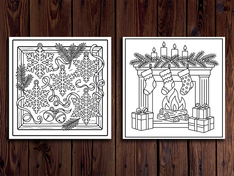 Puede incluir: Dos p&aacute;ginas para colorear con tem&aacute;tica navide&ntilde;a en blanco y negro. Una presenta copos de nieve, cintas, campanas y ramas de pino dentro de un marco cuadrado. La otra representa una chimenea con calcetines, velas, regalos y fuego.