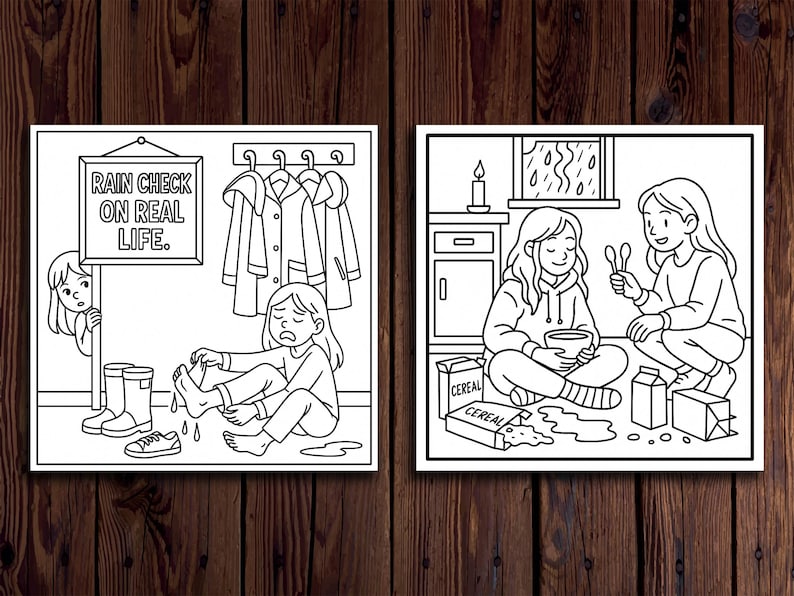 May include: Two-panel black and white illustration. The left panel shows a person with wet feet, rain boots, and the text "RAIN CHECK ON REAL LIFE." The right panel depicts two people with cereal and milk.