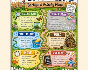 Backyard Activity Menu Printable | Outdoor Kids Activities, Backyard Scavenger Hunt, Screen Free Summer Fun