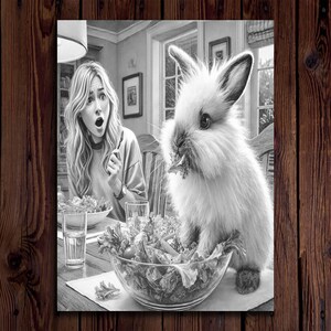 May include: A black and white photo of a woman looking surprised at a fluffy white rabbit eating a salad from a glass bowl. The rabbit is sitting on a wooden table with a bowl of salad in front of it.