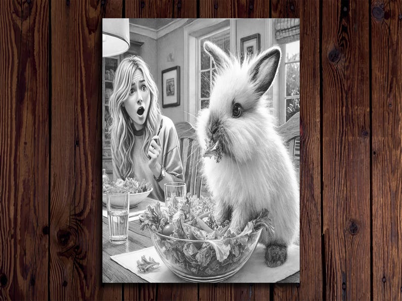 May include: A black and white photo of a woman looking surprised at a fluffy white rabbit eating a salad from a glass bowl. The rabbit is sitting on a wooden table with a bowl of salad in front of it.