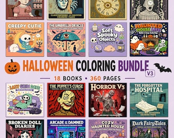 Halloween Coloring Pages Bundle: 18 Printable PDF Books, 360 Spooky Bold & Easy Designs