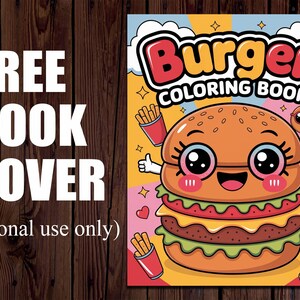Pu&ograve; includere: Un hamburger di cartone animato con un viso sorridente, che indossa gli occhiali e tiene delle patatine fritte. Il testo "Burger Coloring Book" &egrave; sopra l'hamburger. Lo sfondo &egrave; rosa e giallo con cuori e stelle.
