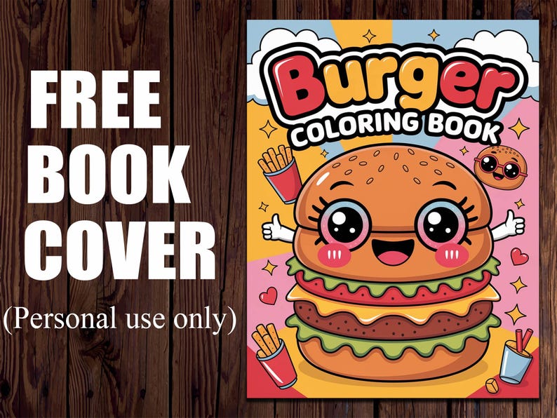 Pu&ograve; includere: Un hamburger di cartone animato con un viso sorridente, che indossa gli occhiali e tiene delle patatine fritte. Il testo "Burger Coloring Book" &egrave; sopra l'hamburger. Lo sfondo &egrave; rosa e giallo con cuori e stelle.