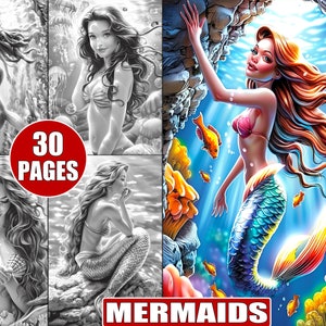 30 Printable Mermaids Coloring Pages in Grayscale for Adults, Enchanting Fantasy Underwater Marine Life Stress Relief Coloring Book Sheets
