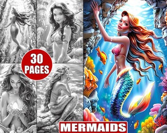 Mermaids Coloring Book: 30 Grayscale Fantasy Marine Life Pages (Printable)