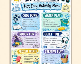 Hot Day Activity Menu Printable | Summer Activities for Kids, Screen Free Summer Fun Sheet