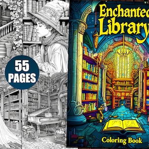 Verzauberte Bibliothek Malbuch: 55 magische Fantasieseiten (druckbare PDF)
