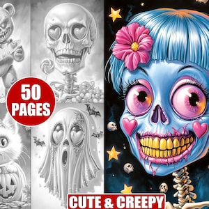 50 Printable Cute and Creepy Grayscale Coloring Pages for Adults, Kawaii Horror Art & Adorable Spooky Illustrations, Creative Coloring Book