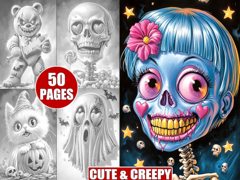 May include: A coloring book with 50 pages featuring cute and creepy illustrations. The cover shows a girl with a skull face, pink hearts, and blue hair. The text "Cute & Creepy" is at the bottom of the cover.