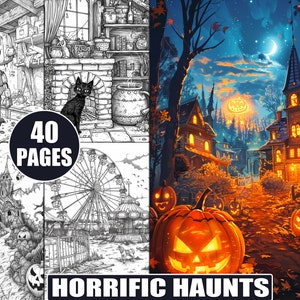 Horrific Haunts Coloring Pages: Creepy Halloween Grayscale Art (Digital Download)