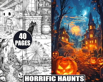 Horrific Haunts Coloring Pages: Creepy Halloween Grayscale Art (Digital Download)