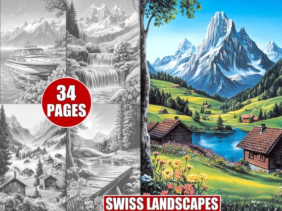 鉛筆画 スイス風景 A5サイズ スイスの風景の塗り絵：グレースケールの山のアート（印刷可能なPDF