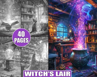May include: A witch's lair with a cauldron bubbling over with purple magic. The room is filled with shelves of potions and ingredients, and a large book lies open on a table. The image is in a fantasy style, with a dark and mysterious atmosphere.