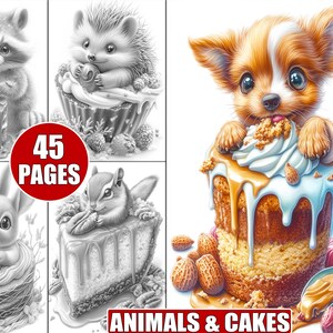 Animals and Cakes Coloring Book: 45 Grayscale Pages (PDF)