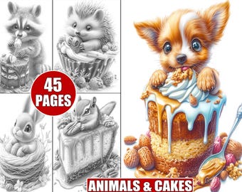 45 Printable Animals and Cakes Coloring Pages in Grayscale for Adults, Cute Animals and Dessert Art, Fun and Creative Coloring Book PDF