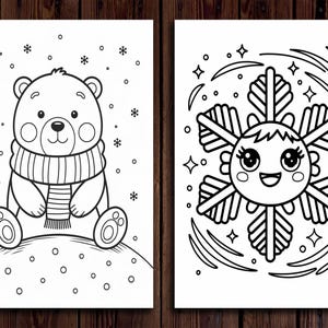 May include: A black and white coloring page featuring a bear wearing a scarf and a snowflake with a smiling face.