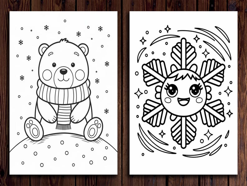 May include: A black and white coloring page featuring a bear wearing a scarf and a snowflake with a smiling face.