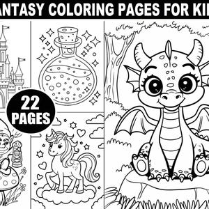 Fantasy Coloring Pages Digital Download | 22 Whimsical and Magical Designs for Kids | Unicorns, Dragons, Fairies, and Mythical Creatures