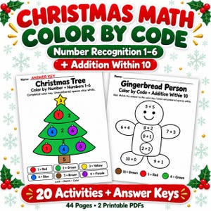 Puede incluir: Hojas de trabajo de matemáticas navideñas para colorear por código con reconocimiento de números 1-6 y sumas hasta 10. Se muestran dos páginas: un árbol de Navidad con adornos numerados y una figura de jengibre con sumas, ambas con claves.