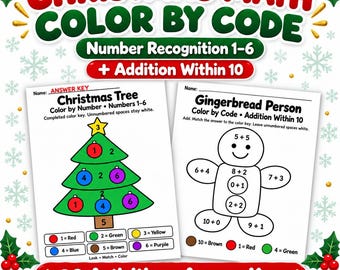 Christmas Math Color by Code Worksheets, Numbers 1–6 & Addition Within 10, Printable Activities with Answer Keys