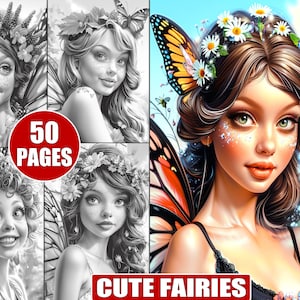 50 Printable Cute Fairies Coloring Pages in Grayscale for Adults, Whimsical Fantasy, Enchanted Magical Stress Relief Sheets Coloring Book
