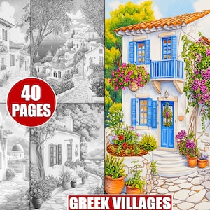 Greek Village Coloring Pages: Mediterranean Architecture, Scenic Landscapes (Digital Download)