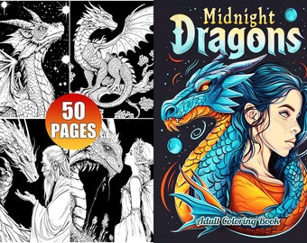 Midnight Dragons Coloring Book: 50 Fantasy Pages for Adults (Printable PDF)