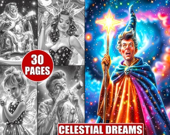 Dibujos para colorear de Sueños Celestiales: Arte cósmico en escala de grises para adultos (PDF imprimible)