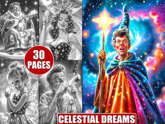 Celestial Dreams Coloring Pages: Grayscale Cosmic Art for Adults (Printable PDF)