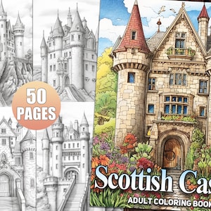 May include: A coloring book featuring illustrations of Scottish castles. The cover shows a detailed drawing of a stone castle with red roofs and green foliage. The title "Scottish Castles" is printed in large, bold letters below the image. The text "Adult Coloring Book" is printed in smaller letters below the title.