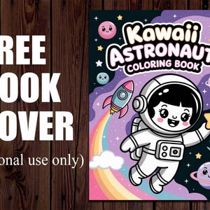 May include: A colorful book cover with the text "FREE BOOK COVER" and "(Personal use only)". The cover features a cartoon astronaut, a rocket, a rainbow, planets, and stars. The title "Kawaii Astronaut Coloring Book" is also displayed.