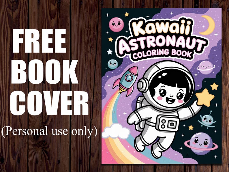 May include: A colorful book cover with the text "FREE BOOK COVER" and "(Personal use only)". The cover features a cartoon astronaut, a rocket, a rainbow, planets, and stars. The title "Kawaii Astronaut Coloring Book" is also displayed.