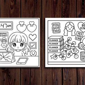 May include: Two black and white illustrations on a wooden background. One features a girl with a laptop and stickers. The other includes a stack of planners, headphones, and the text "You Got This", "Be Kind", "Yes You Can", and "Digital Detox".