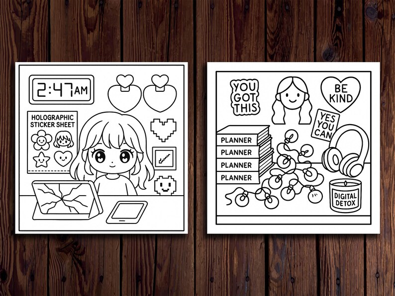 May include: Two black and white illustrations on a wooden background. One features a girl with a laptop and stickers. The other includes a stack of planners, headphones, and the text "You Got This", "Be Kind", "Yes You Can", and "Digital Detox".