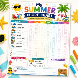 May include: A colorful summer chore chart with a cheerful design. The chart includes a list of chores, a weekly calendar, and sections for rewards and goals. The text "My SUMMER CHORE CHART" is prominently displayed, along with illustrations of a sun, watermelon, and beach scene.