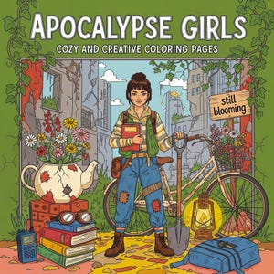 May include: A colorful illustration for a coloring book titled "APOCALYPSE GIRLS." The image features a woman with a shovel, a bicycle with a basket of flowers, and a teapot overflowing with blooms. The background shows a post-apocalyptic scene.