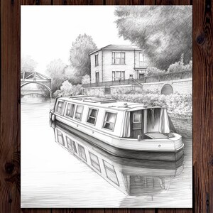 May include: A black and white pencil drawing of a narrow boat on a canal, with a bridge and a house in the background.