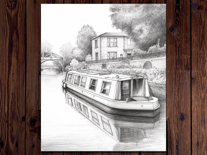 May include: A black and white pencil drawing of a narrow boat on a canal, with a bridge and a house in the background.