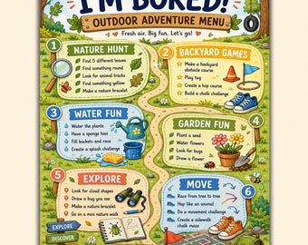 Outdoor Adventure Menu Printable | I’m Bored Outdoor Activities for Kids, Nature Scavenger Hunt